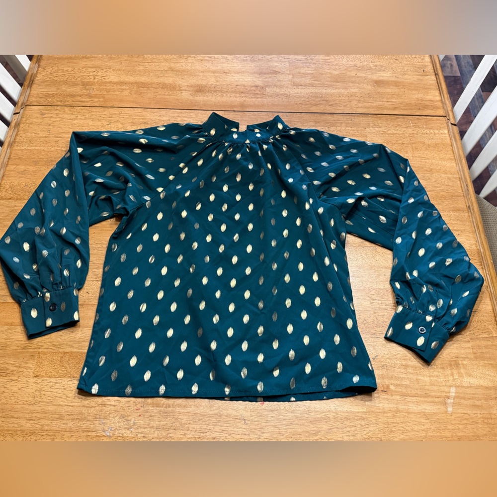 SHEIN Teal and Gold Polka Dot Blouse
